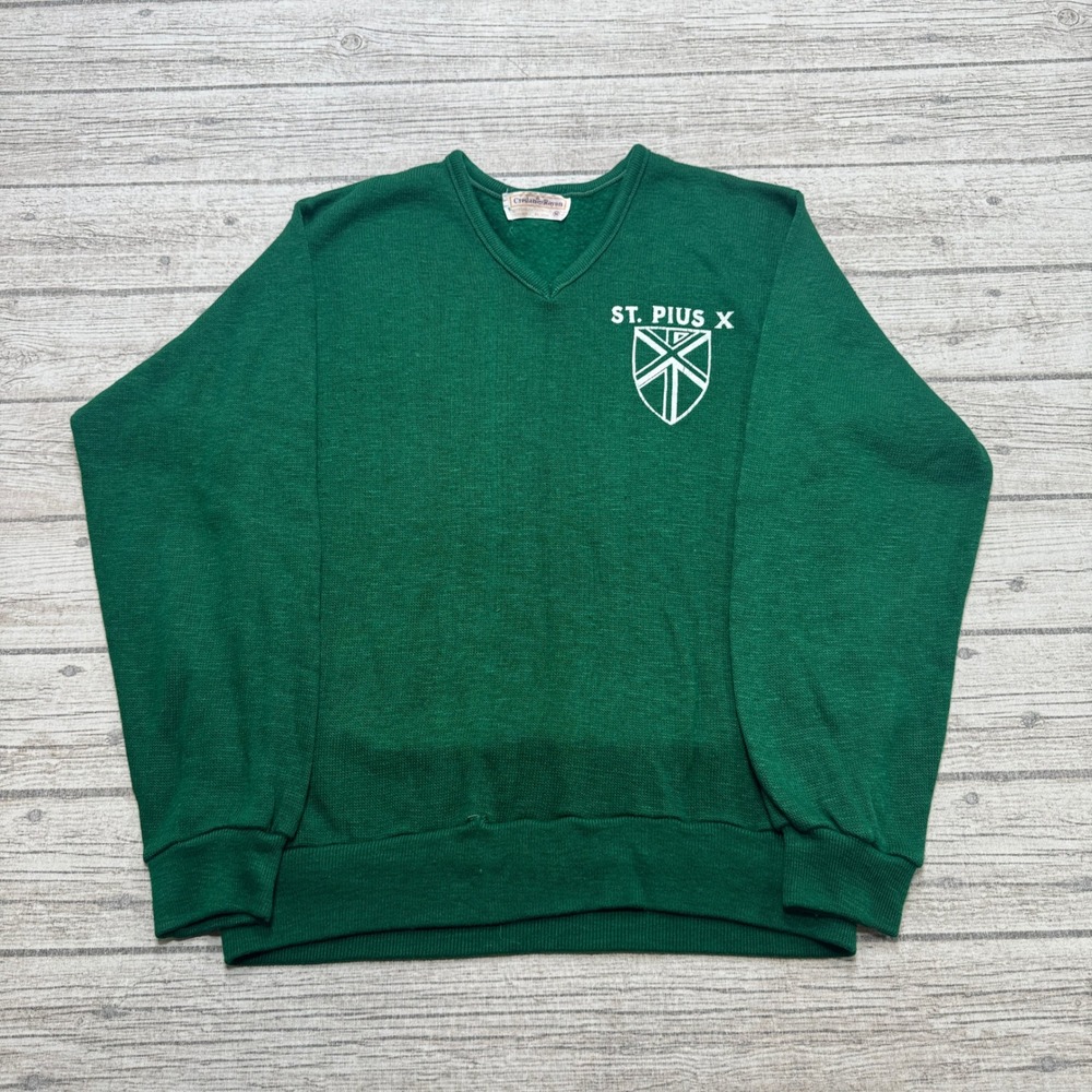 Vintage Creslan & Rayon Sweater Men's M Green St. Pius V-Neck Pullover Varsity